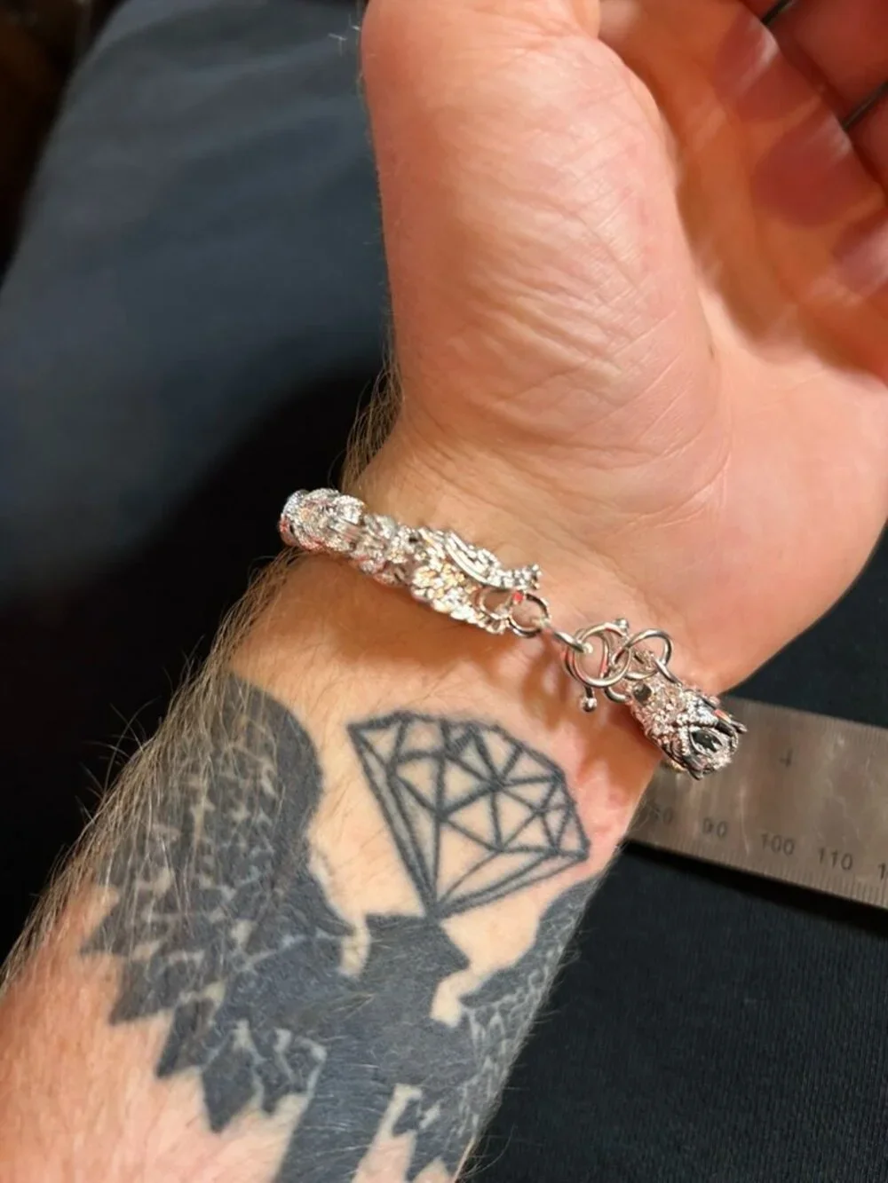 Silver Dragon Head Link Bracelet Heavy Ornate Scale Chain 8.5